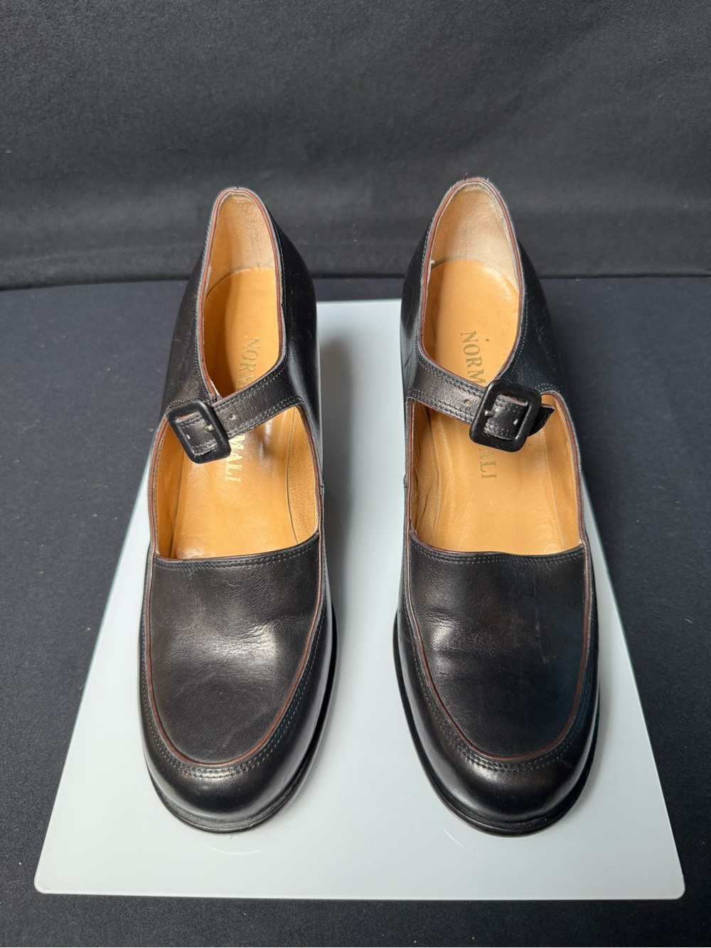 Norma Kamali Black Leather Wedge Mary Janes